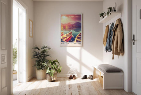 Paul Sinus Kunstdruck 40x60cm Mountain Lake Morning mit Booten und Sonnenaufgang am See