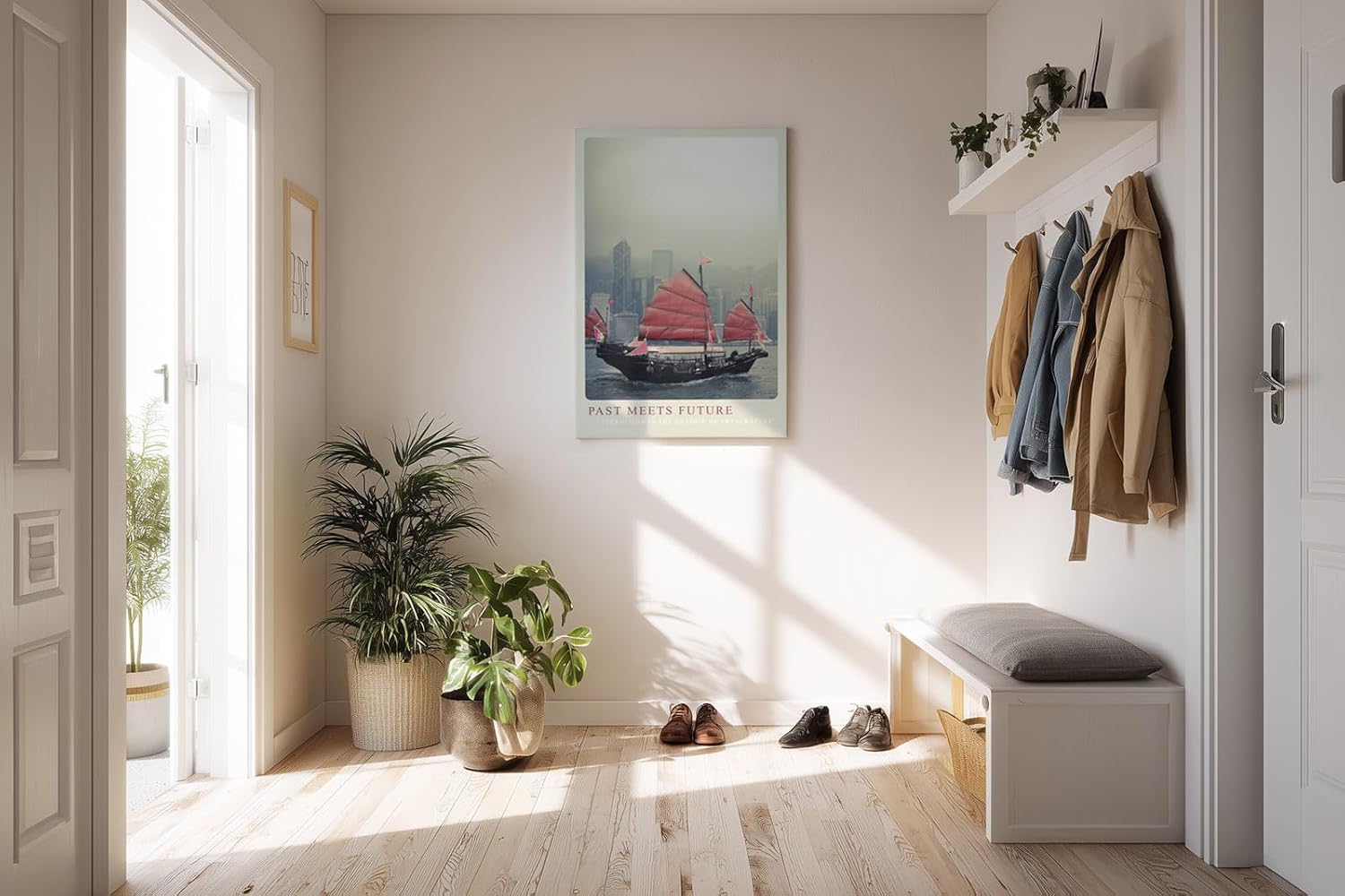 Paul Sinus Kunstdruck 40x60cm Past Meets Future Traditionelles Segelboot vor moderner Skyline in Hongkong