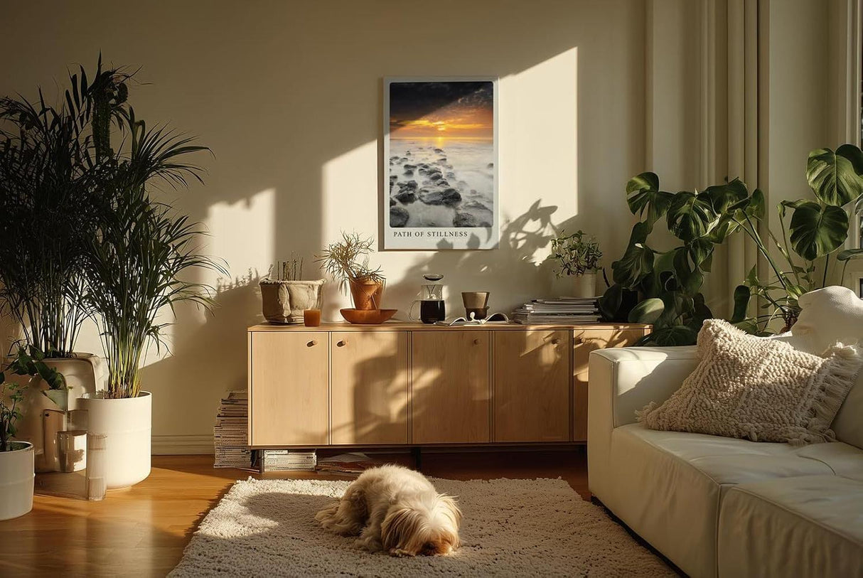 Paul Sinus Kunstdruck 40x60cm Path of Stillness – Sonnenuntergang über ruhiger Küste mit dunklen Steinen im Wasser