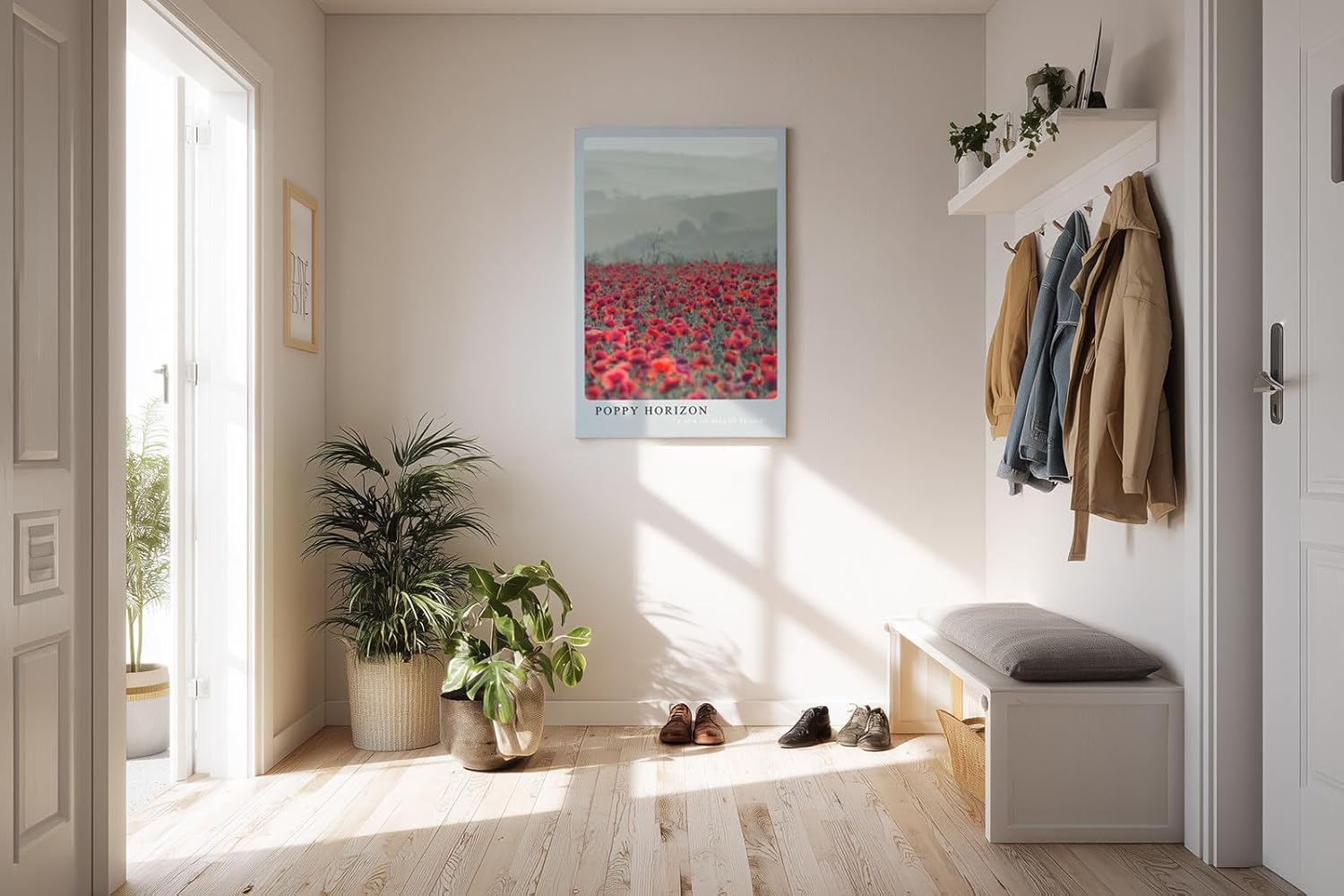 Paul Sinus Kunstdruck 40x60cm Poppy Horizon rotes Mohnfeld vor sanften Hügeln in nebligem Licht