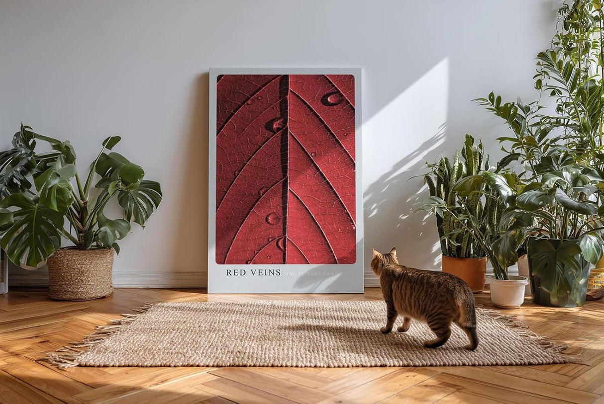 Paul Sinus Kunstdruck 40x60cm Red Veins – Makroaufnahme eines roten Blattes mit strukturierten Adern und Wassertropfen