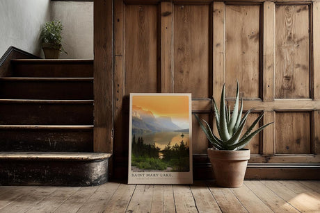 Paul Sinus Kunstdruck 40x60cm Saint Mary Lake USA Sonnenuntergang über Bergsee mit Insel und Kiefernwald