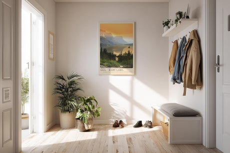 Paul Sinus Kunstdruck 40x60cm Saint Mary Lake USA Sonnenuntergang über Bergsee mit Insel und Kiefernwald