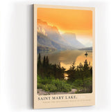 Paul Sinus Kunstdruck 40x60cm Saint Mary Lake USA Sonnenuntergang über Bergsee mit Insel und Kiefernwald