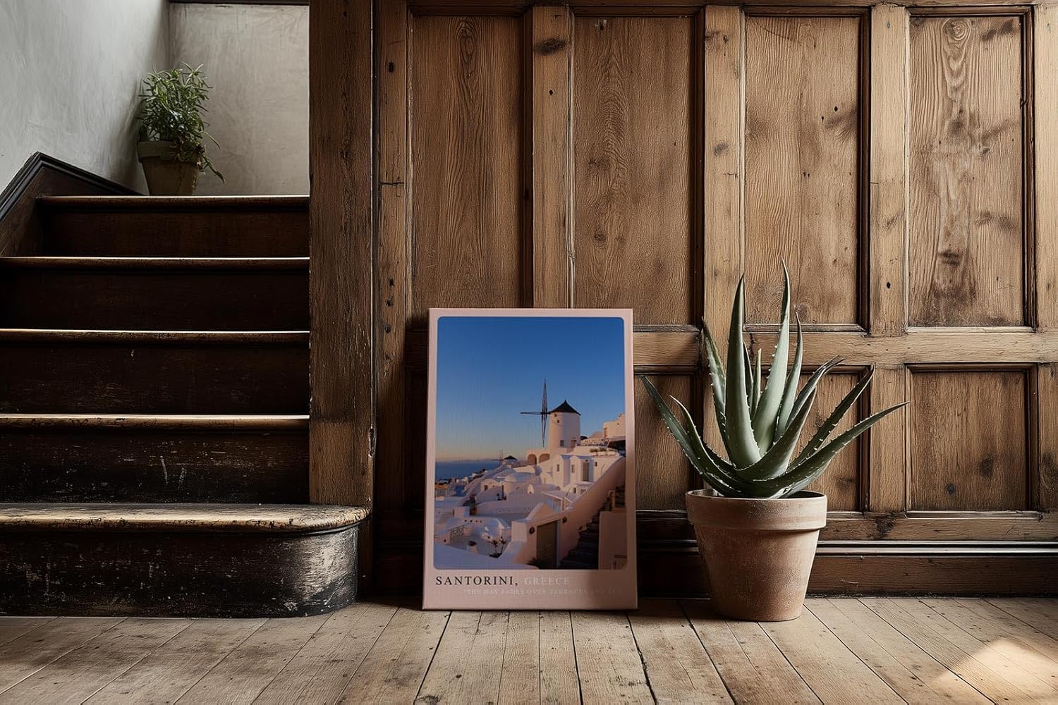 Paul Sinus Kunstdruck 40x60cm Santorini Griechenland weiße Häuser und Windmühle bei Sonnenuntergang