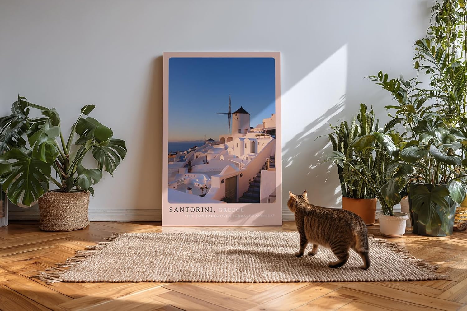 Paul Sinus Kunstdruck 40x60cm Santorini Griechenland weiße Häuser und Windmühle bei Sonnenuntergang