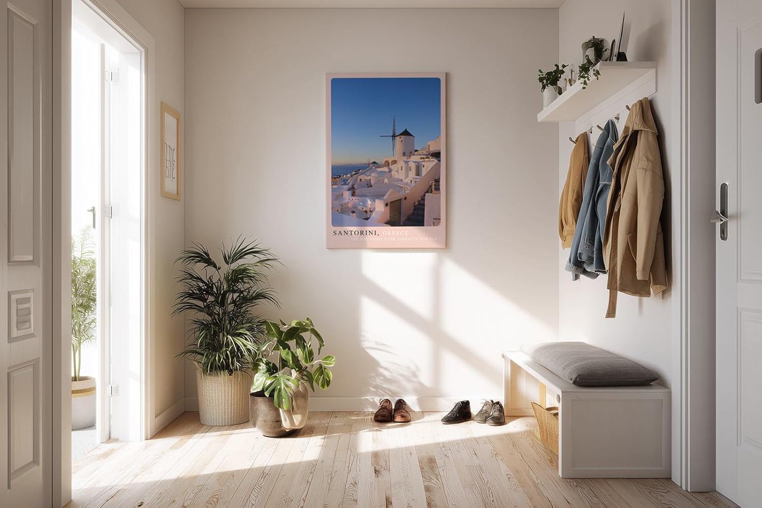 Paul Sinus Kunstdruck 40x60cm Santorini Griechenland weiße Häuser und Windmühle bei Sonnenuntergang