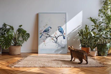 Paul Sinus Kunstdruck 40x60cm Spring Dialogue – Zwei Vögel auf blühendem Zweig in zarter Aquarell-Ästhetik