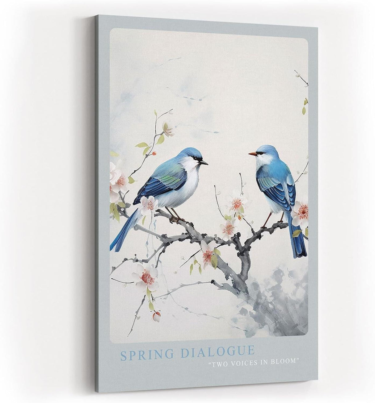 Paul Sinus Kunstdruck 40x60cm Spring Dialogue – Zwei Vögel auf blühendem Zweig in zarter Aquarell-Ästhetik