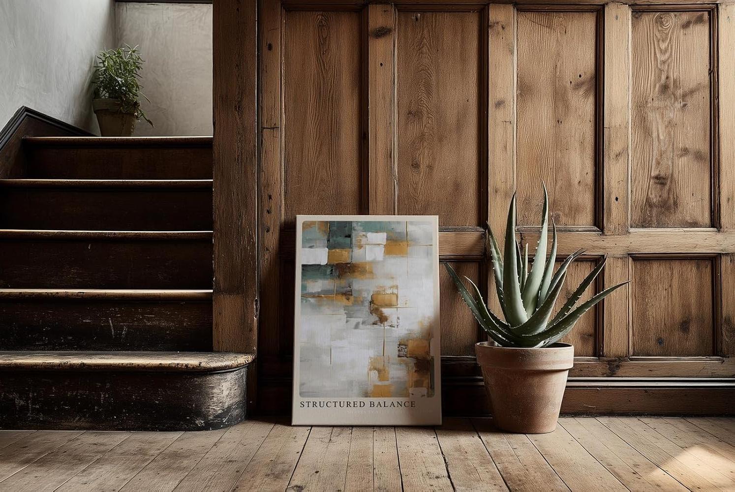 Paul Sinus Kunstdruck 40x60cm Structured Balance – Abstrakte Flächenkomposition in Gold, Weiß und Grün mit harmonischer Struktur