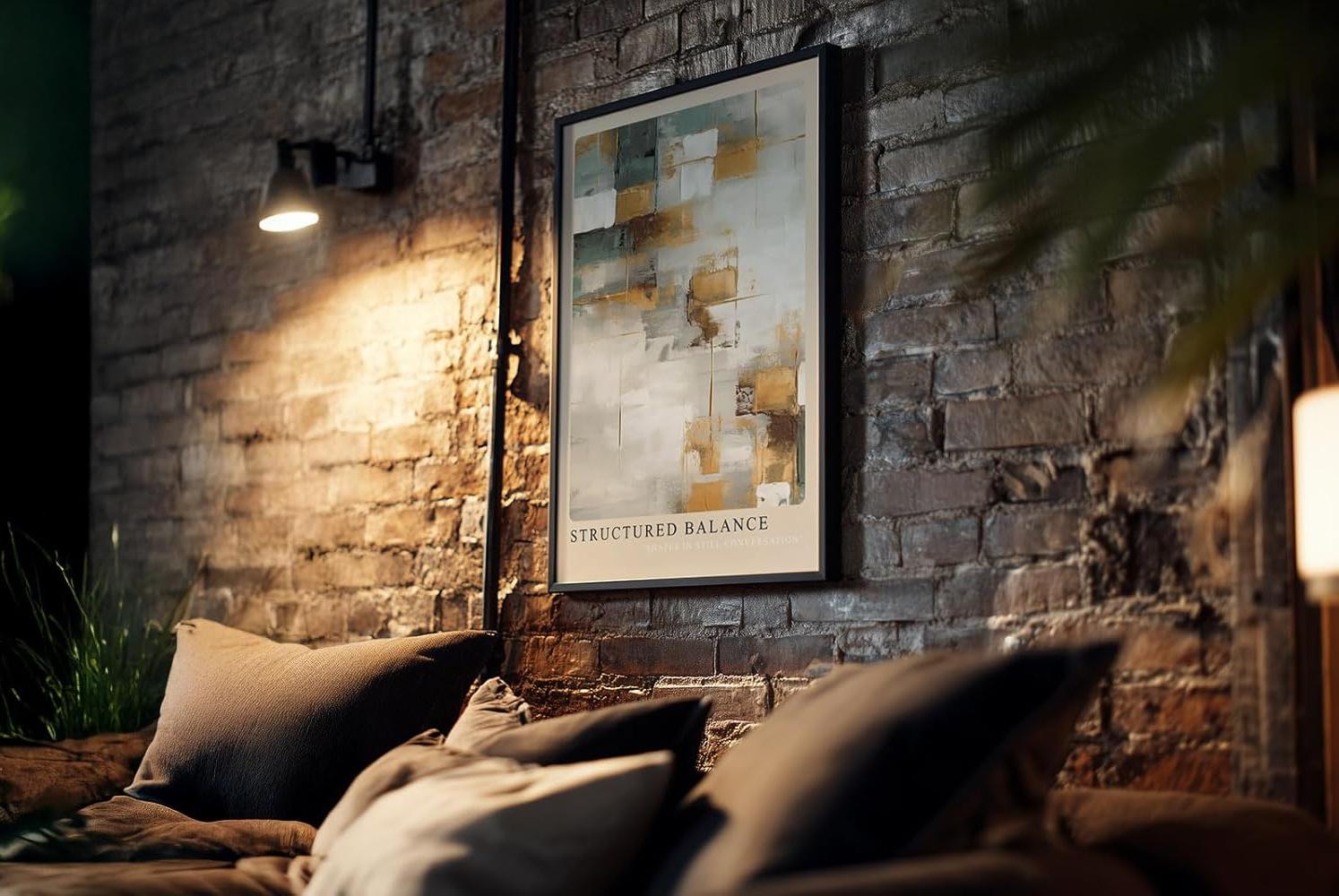 Paul Sinus Kunstdruck 40x60cm Structured Balance – Abstrakte Flächenkomposition in Gold, Weiß und Grün mit harmonischer Struktur