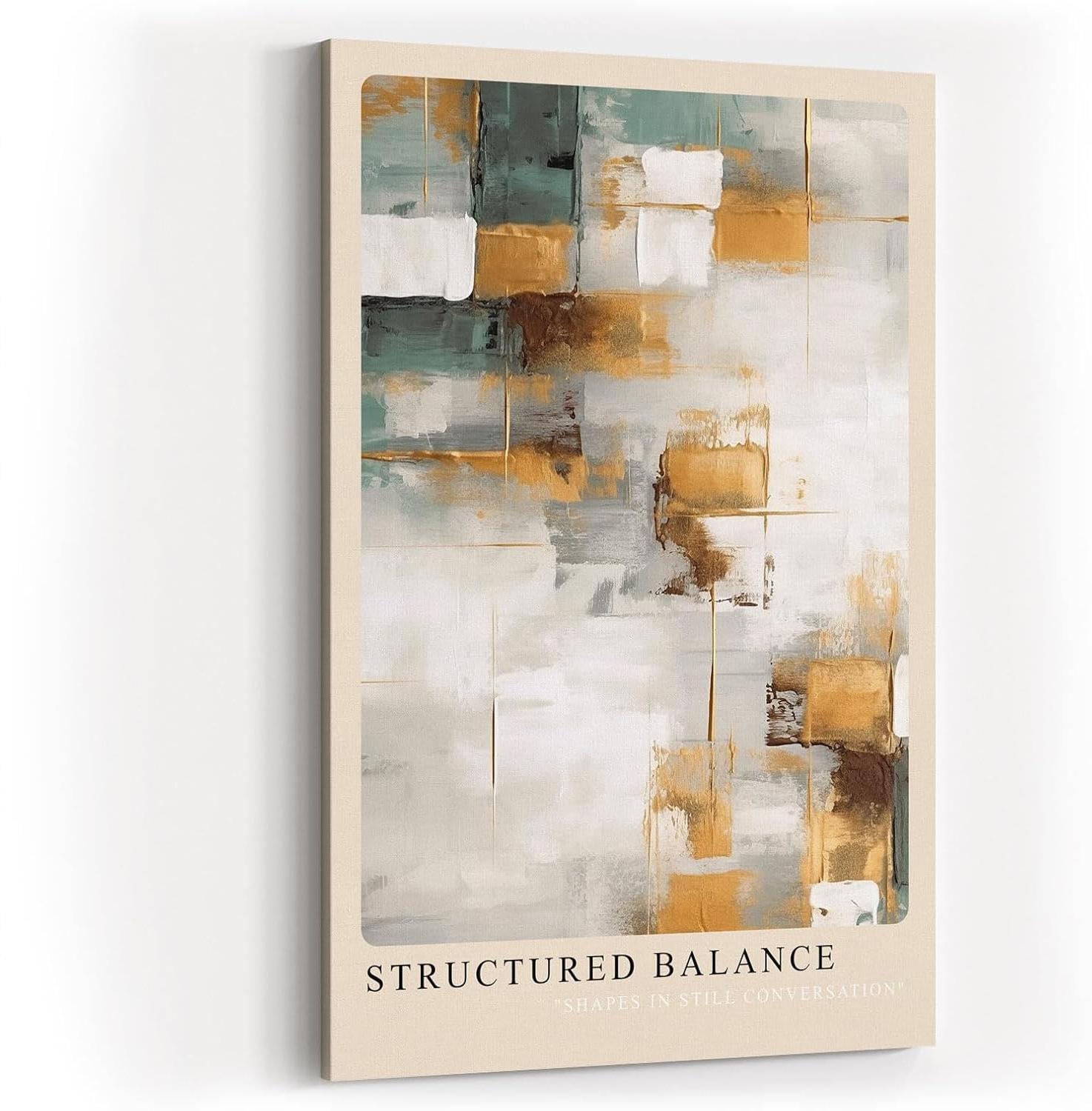 Paul Sinus Kunstdruck 40x60cm Structured Balance – Abstrakte Flächenkomposition in Gold, Weiß und Grün mit harmonischer Struktur