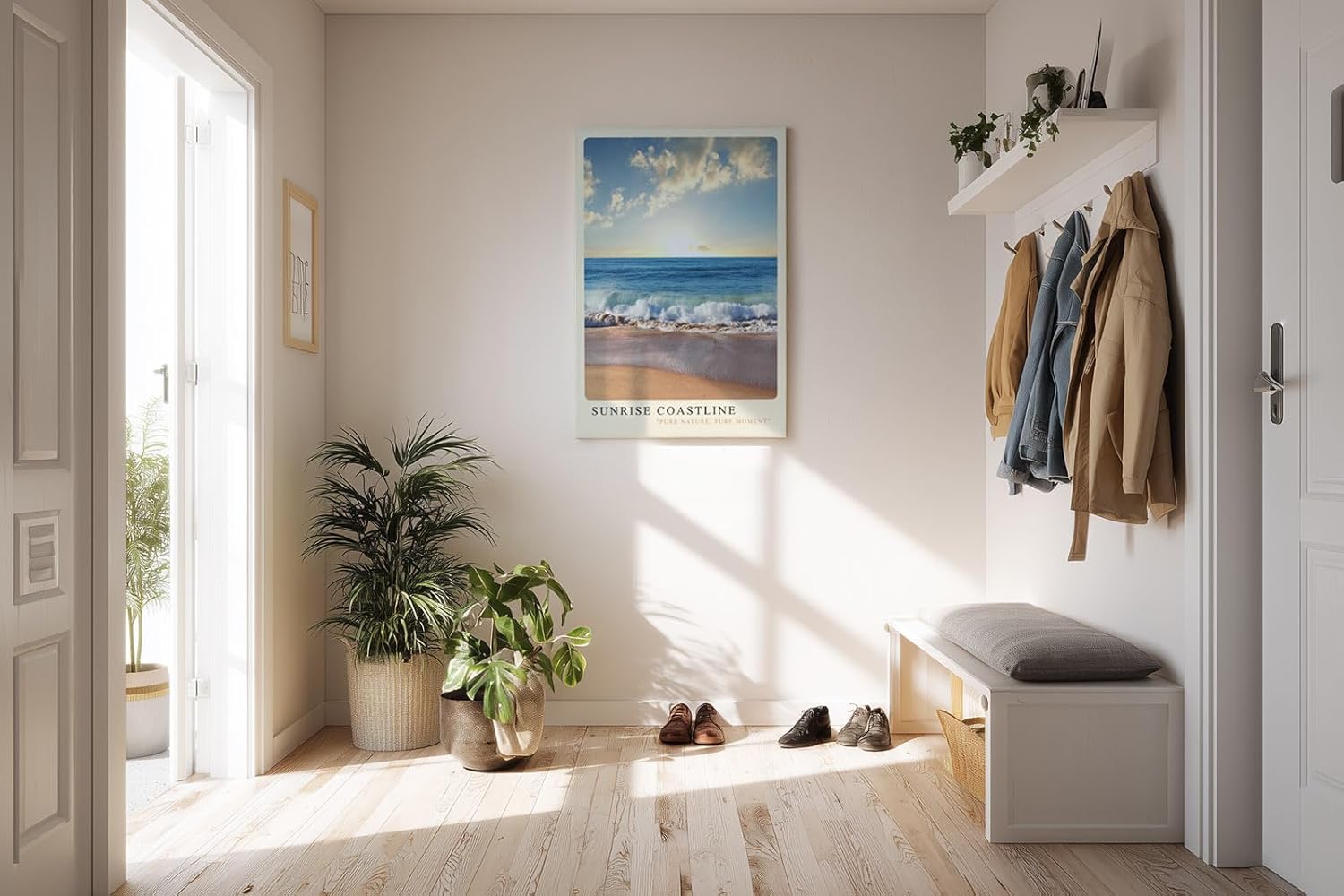 Paul Sinus Kunstdruck 40x60cm Sunrise Coastline Wellen am Strand im Morgenlicht unter blauem Himmel