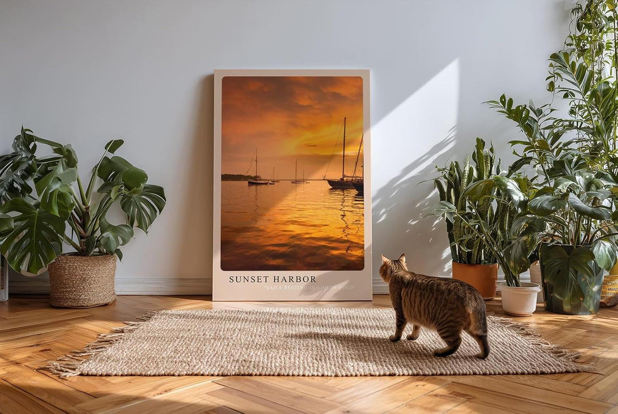 Paul Sinus Kunstdruck 40x60cm Sunset Harbor – Segelboote bei Sonnenuntergang im goldenen Abendlicht auf ruhigem Wasser