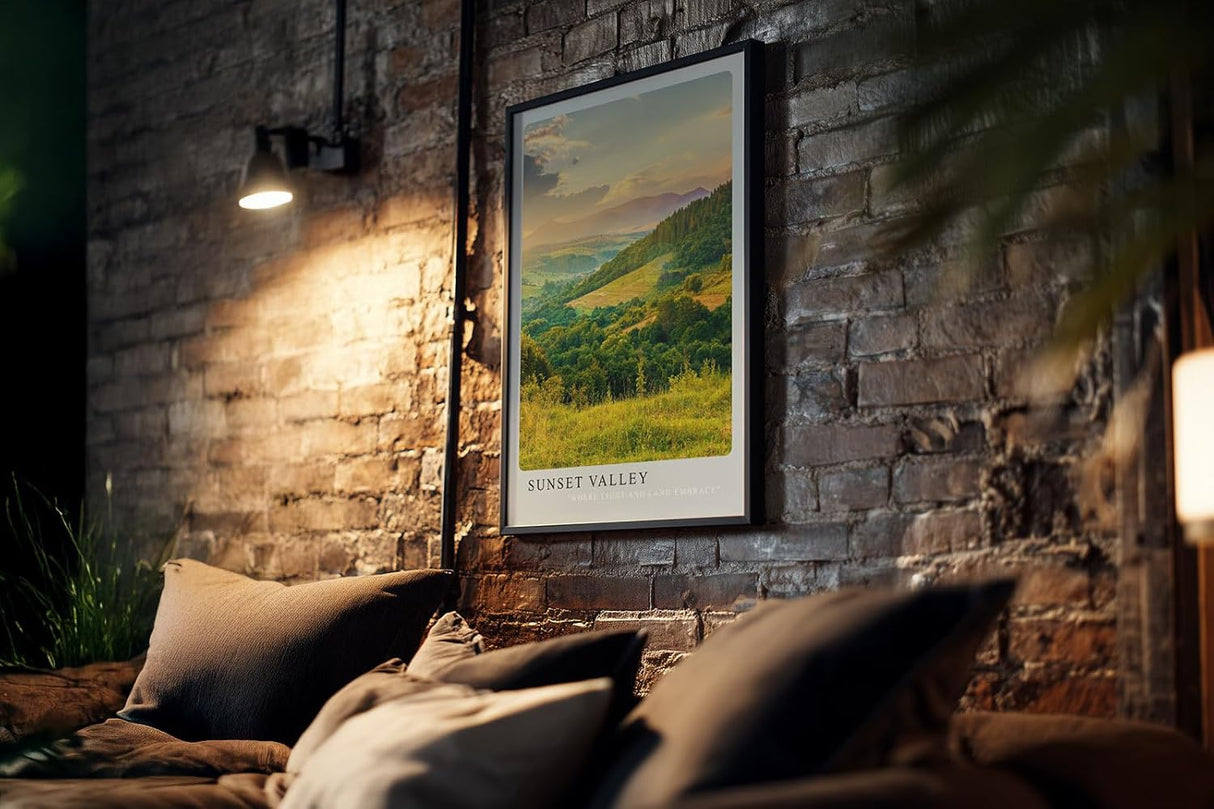 Paul Sinus Kunstdruck 40x60cm Sunset Valley mit weitem grünem Tal im Licht der untergehenden Sonne