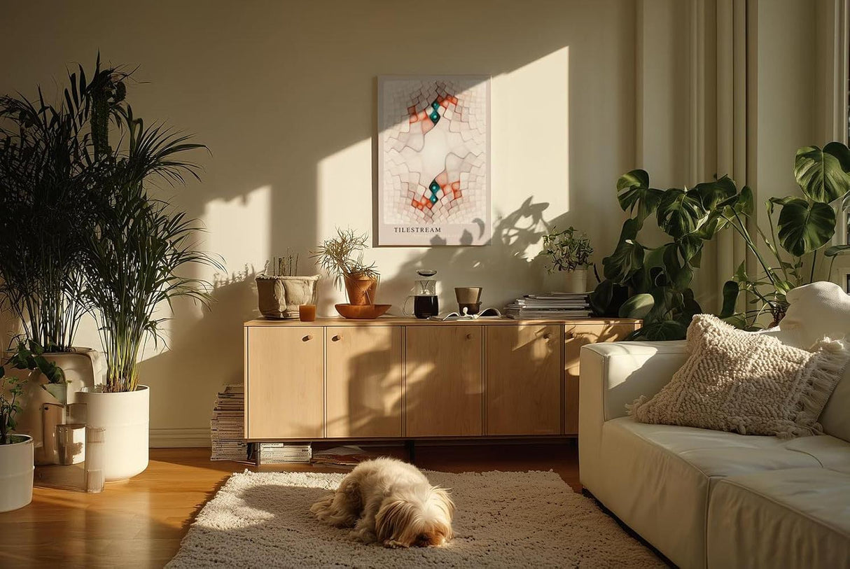 Paul Sinus Kunstdruck 40x60cm Tilestream – Abstrakte Geometrie mit organischem Fluss in Rosé, Weiß und Türkis