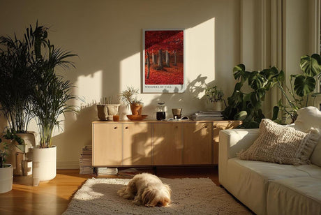 Paul Sinus Kunstdruck 40x60cm Whispers of Fall mit rotem Herbstwald und Laubteppich