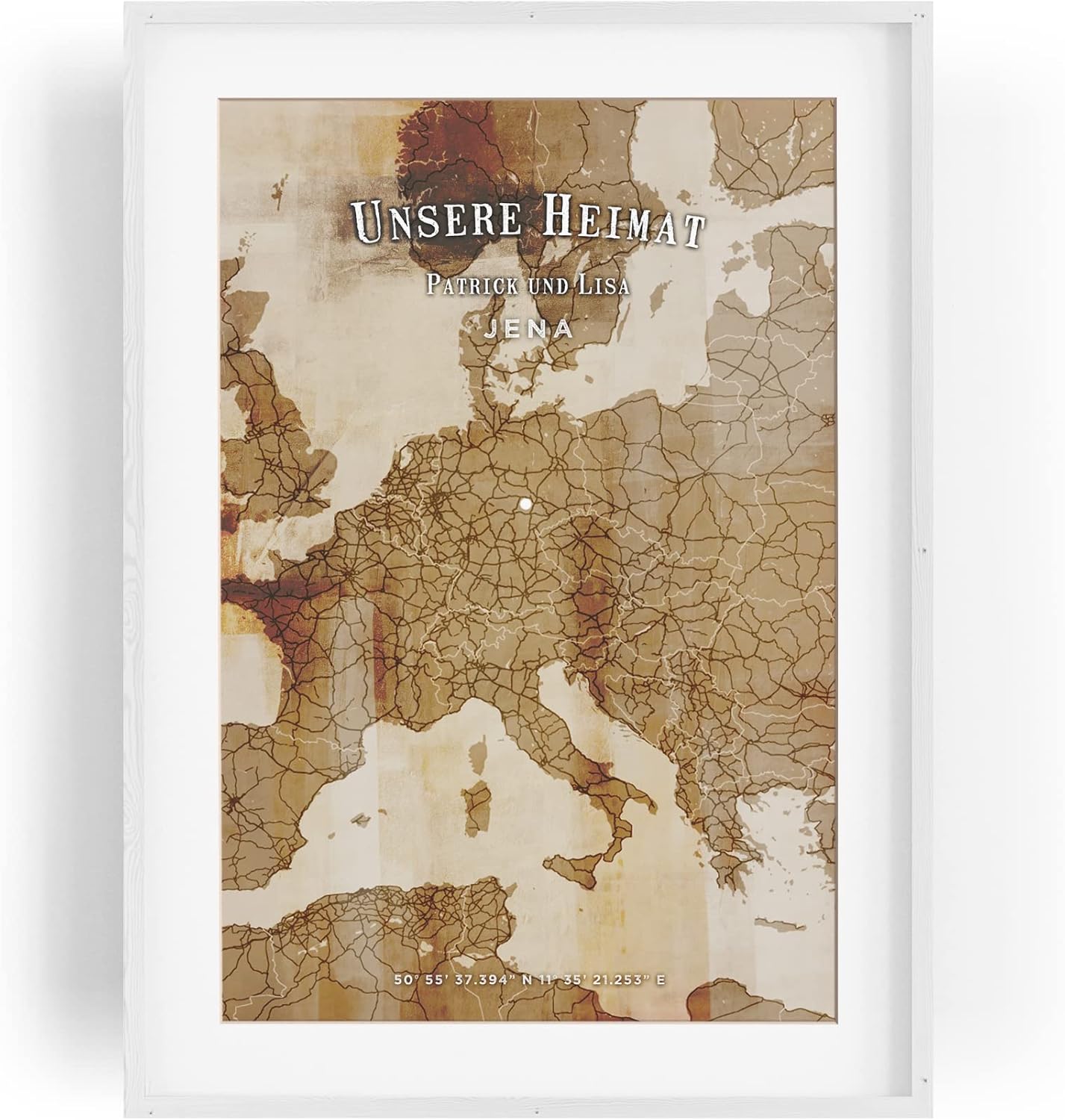 Paul Sinus personalisierter Bilderrahmen mit deinen GPS Koordinaten und Namen. 30cm x 42cm Holz Wechselrahmen mit Glas und Passepartout. Landkarte Heimat. (ohne Rahmen)
