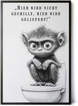 Paul Sinus Poster/Leinwandbild/Rahmenoption – Affe auf Toilette „Hier wird geliefert!“ – Lustige WC-Deko für dein Badezimmer