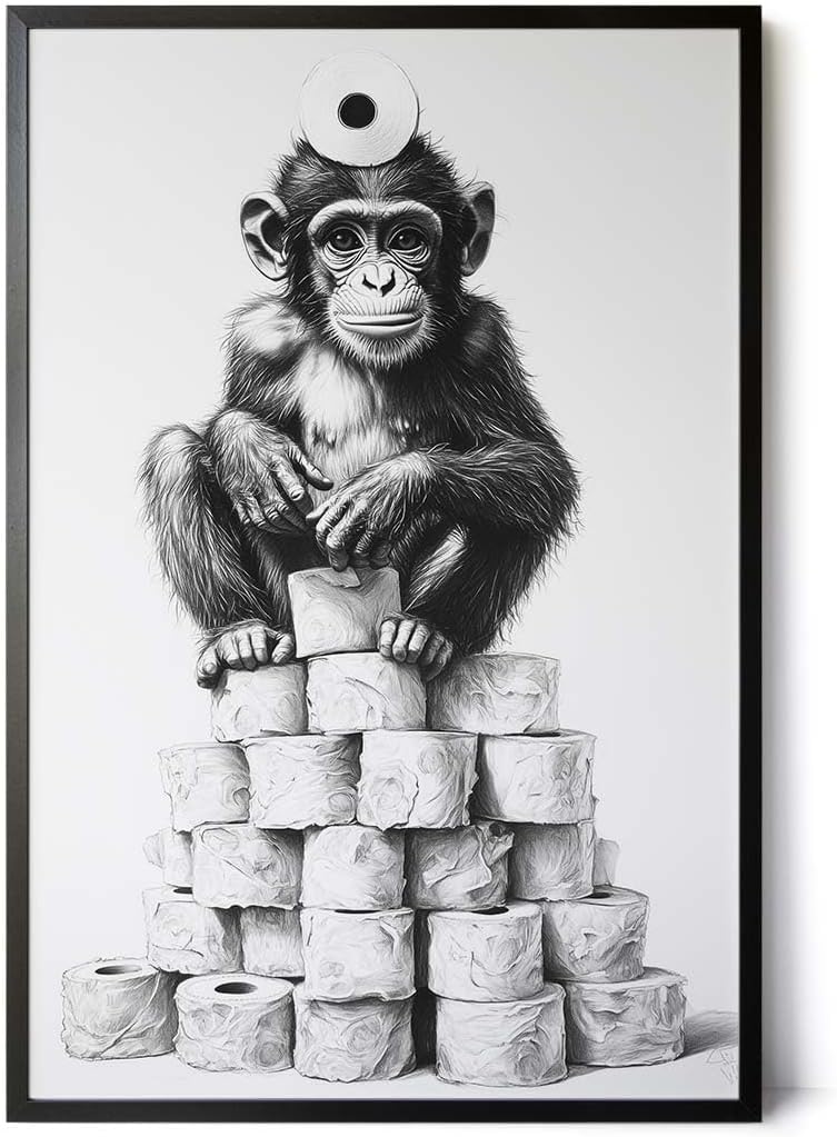Paul Sinus Poster/Leinwandbild/Rahmenoption – Affenkönig auf dem Klopapier-Thron – Lustige WC-Deko für dein Badezimmer