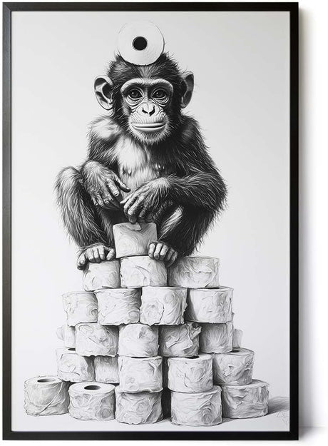 Paul Sinus Poster/Leinwandbild/Rahmenoption – Affenkönig auf dem Klopapier-Thron – Lustige WC-Deko für dein Badezimmer