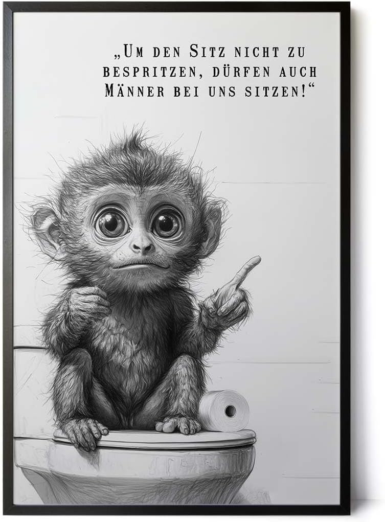 Paul Sinus Poster/Leinwandbild/Rahmenoption – Belehrender Affe auf Toilette „Männer dürfen sitzen!“ – Lustige WC-Deko für dein Badezimmer