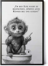 Paul Sinus Poster/Leinwandbild/Rahmenoption – Belehrender Affe auf Toilette „Männer dürfen sitzen!“ – Lustige WC-Deko für dein Badezimmer