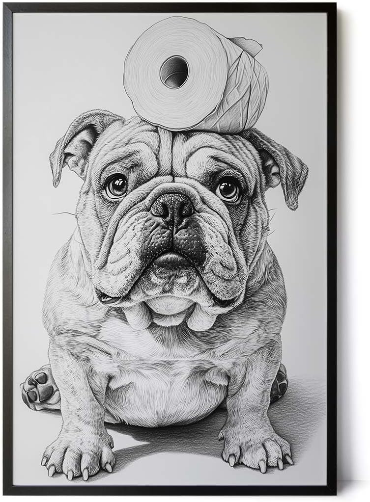 Paul Sinus Poster/Leinwandbild/Rahmenoption – Bulldogge mit Klopapier – Witzige WC-Deko für dein Badezimmer