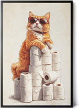 Paul Sinus Poster/Leinwandbild/Rahmenoption – Coole Katze auf dem Klopapier-Thron – Lustige WC-Deko für dein Badezimmer