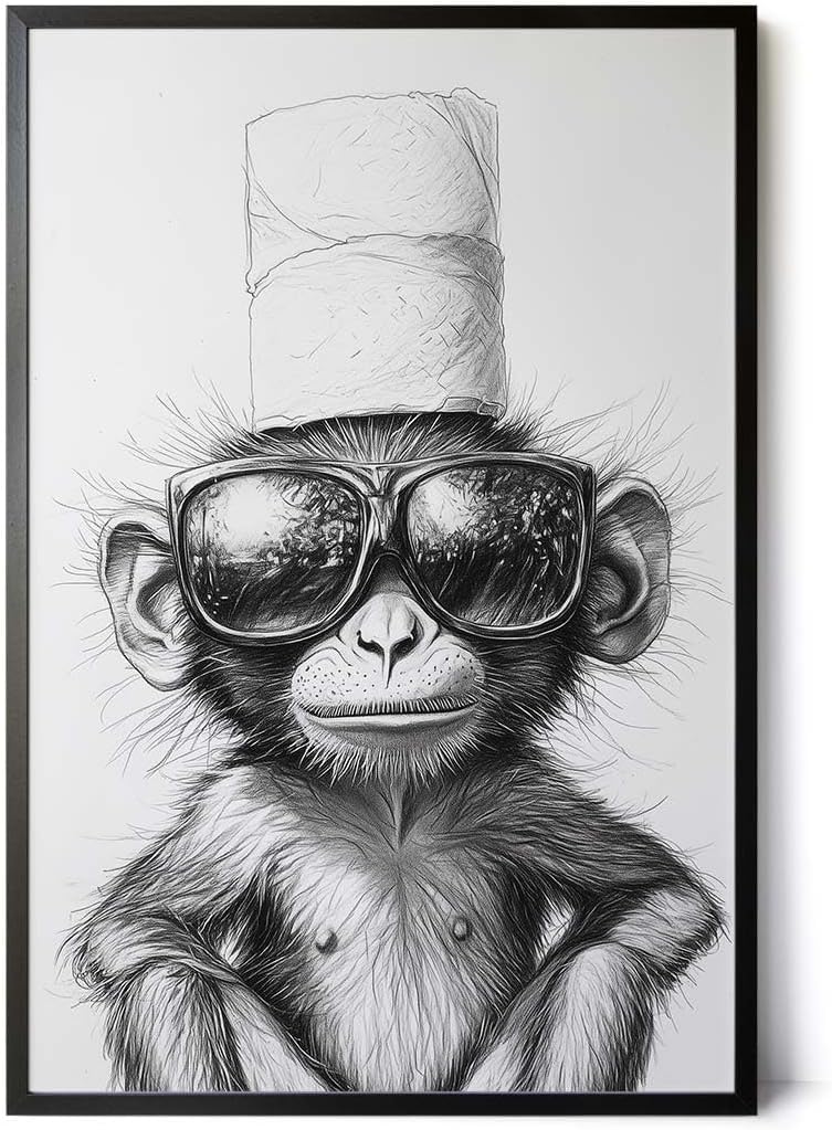 Paul Sinus Poster/Leinwandbild/Rahmenoption – Cooler Affe mit Klopapierhut – Witzige WC-Deko für dein Badezimmer