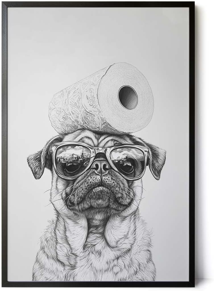 Paul Sinus Poster/Leinwandbild/Rahmenoption – Cooler Mops mit Klopapier – Lustige WC-Deko für dein Badezimmer