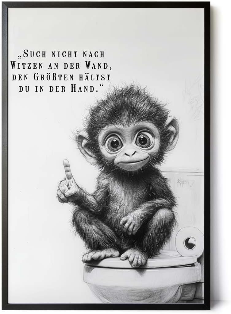 Paul Sinus Poster/Leinwandbild/Rahmenoption – Frecher Affe auf Toilette „Such nicht nach Witzen…“ – Lustige WC-Deko für dein Badezimmer