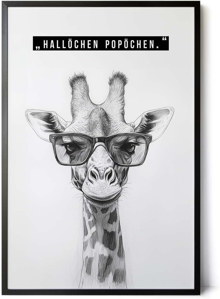 Paul Sinus Poster/Leinwandbild/Rahmenoption – Giraffe mit Brille „Hallöchen Popöchen“ – Lustige WC-Deko für dein Badezimmer