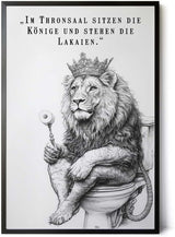 Paul Sinus Poster/Leinwandbild/Rahmenoption – Königlicher Löwe auf Toilette „Im Thronsaal…“ – Lustige WC-Deko für dein Badezimmer