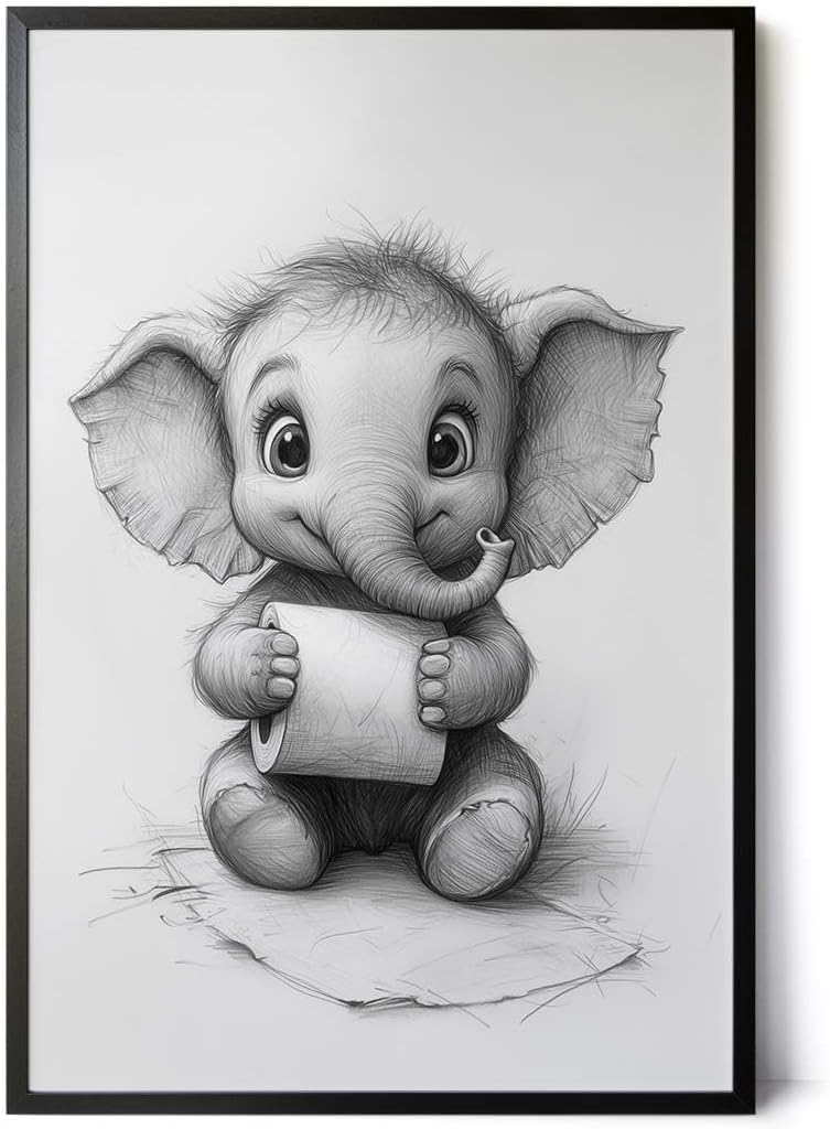 Paul Sinus Poster/Leinwandbild/Rahmenoption – Lustiger Elefant mit Klopapier – Witzige WC-Deko für dein Badezimmer