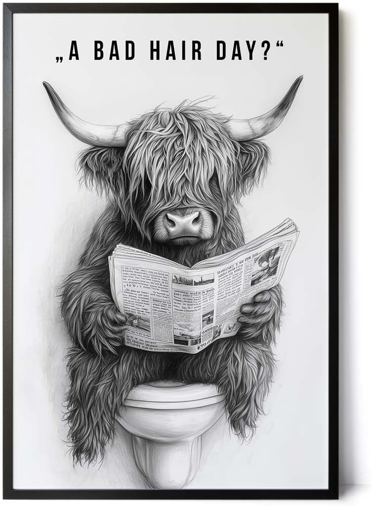 Paul Sinus Poster/Leinwandbild/Rahmenoption Lustiges Hochlandrind-Bild – Witzige Klo-Deko fürs Gäste-WC – Perfekt für Humorvolle
