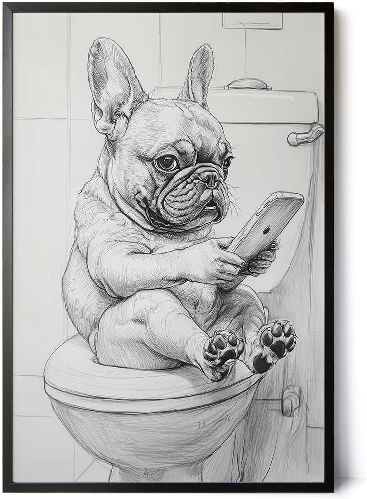 Paul Sinus Poster/Leinwandbild/Rahmenoption Lustiges Hundebild – Witzige Klo-Deko fürs Gäste-WC – Perfekt für Smartphone-Junkies