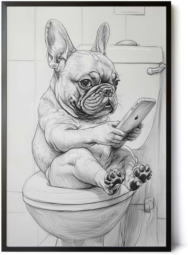 Paul Sinus Poster/Leinwandbild/Rahmenoption Lustiges Hundebild – Witzige Klo-Deko fürs Gäste-WC – Perfekt für Smartphone-Junkies