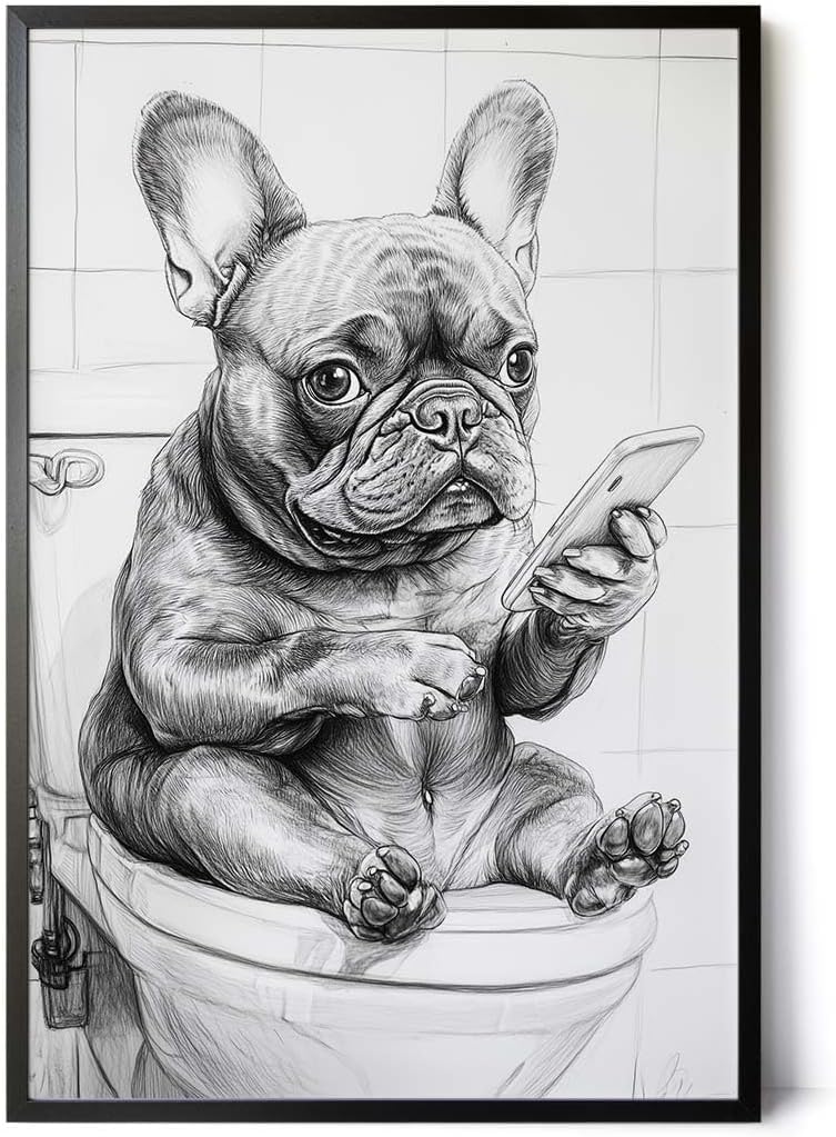Paul Sinus Poster/Leinwandbild/Rahmenoption Lustiges Hundebild – Witzige Klo-Deko fürs Gäste-WC – Perfekt für Smartphone-Junkies