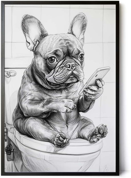 Paul Sinus Poster/Leinwandbild/Rahmenoption Lustiges Hundebild – Witzige Klo-Deko fürs Gäste-WC – Perfekt für Smartphone-Junkies