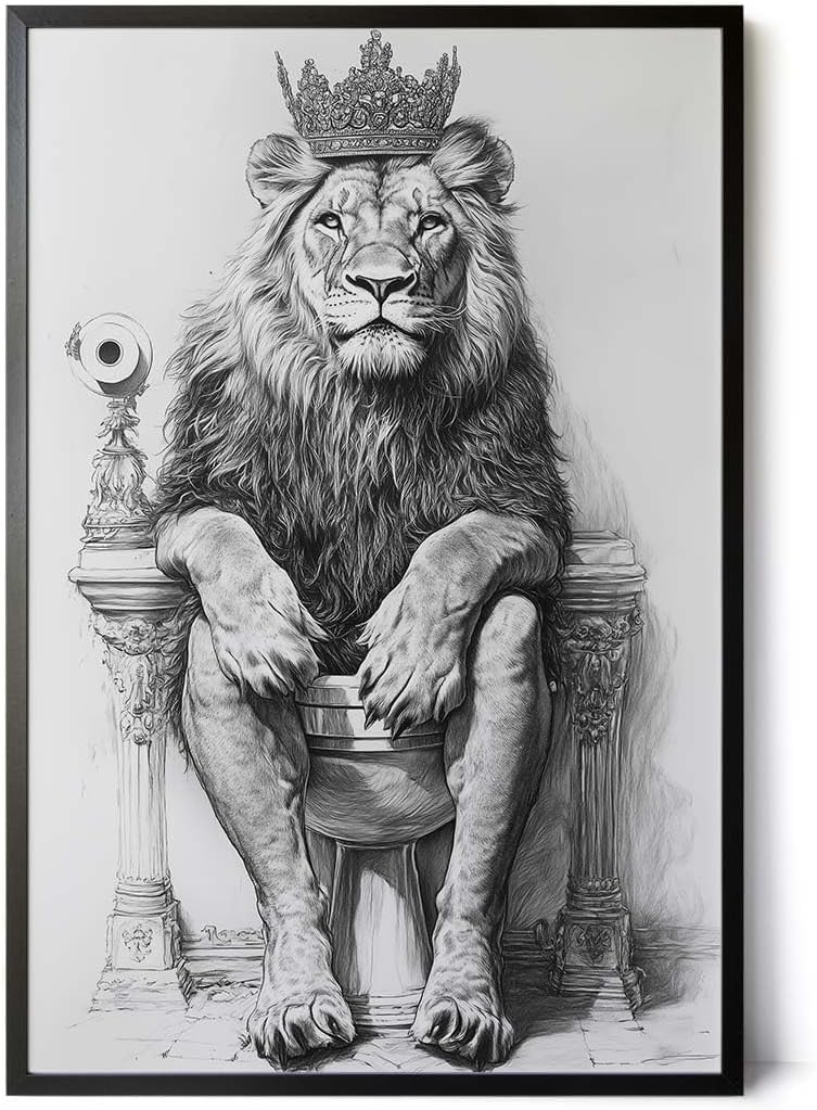 Paul Sinus Poster/Leinwandbild/Rahmenoption – Majestätischer Löwe auf dem Klothron – Lustige WC-Deko für dein Badezimmer