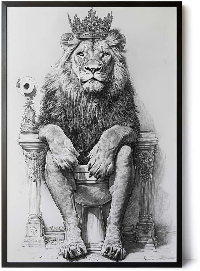 Paul Sinus Poster/Leinwandbild/Rahmenoption – Majestätischer Löwe auf dem Klothron – Lustige WC-Deko für dein Badezimmer