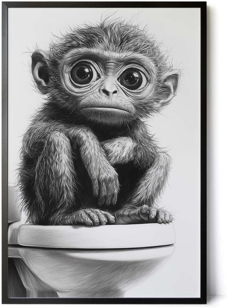 Paul Sinus Poster/Leinwandbild/Rahmenoption – Nachdenklicher Affe auf Toilette – Lustige WC-Deko für dein Badezimmer