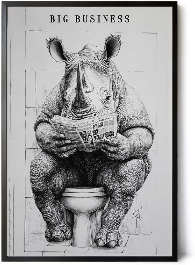 Paul Sinus Poster/Leinwandbild/Rahmenoption – Nashorn auf Toilette „Big Business“ – Lustige WC-Deko für dein Badezimmer