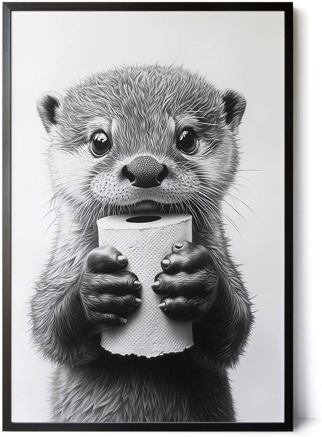 Paul Sinus Poster/Leinwandbild/Rahmenoption – Süßer Otter mit Klopapier – Witziges WC-Bild für Humor im Bad