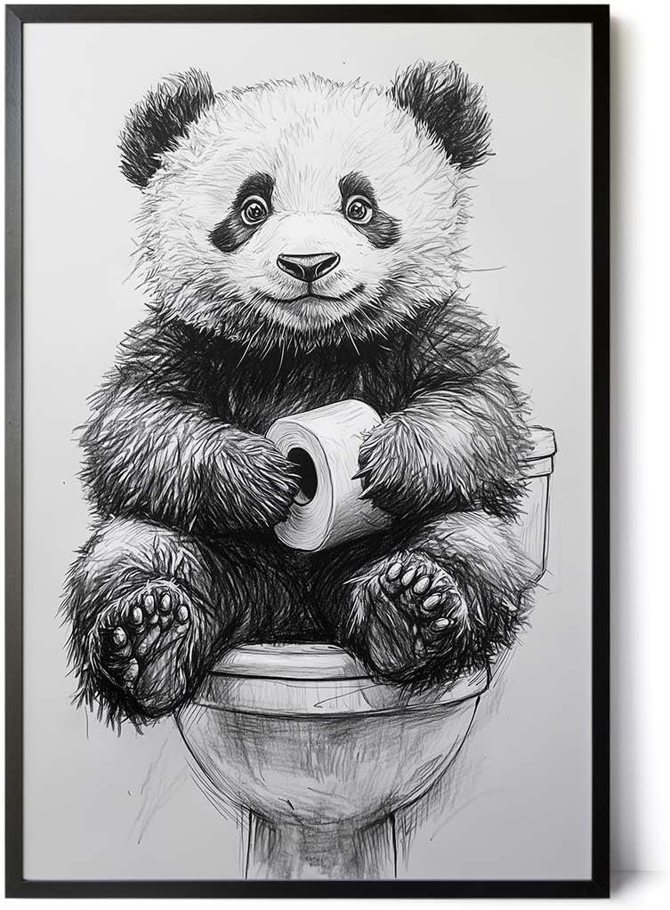 Paul Sinus Poster/Leinwandbild/Rahmenoption – Süßer Panda auf Toilette – Lustige WC-Deko für dein Badezimmer