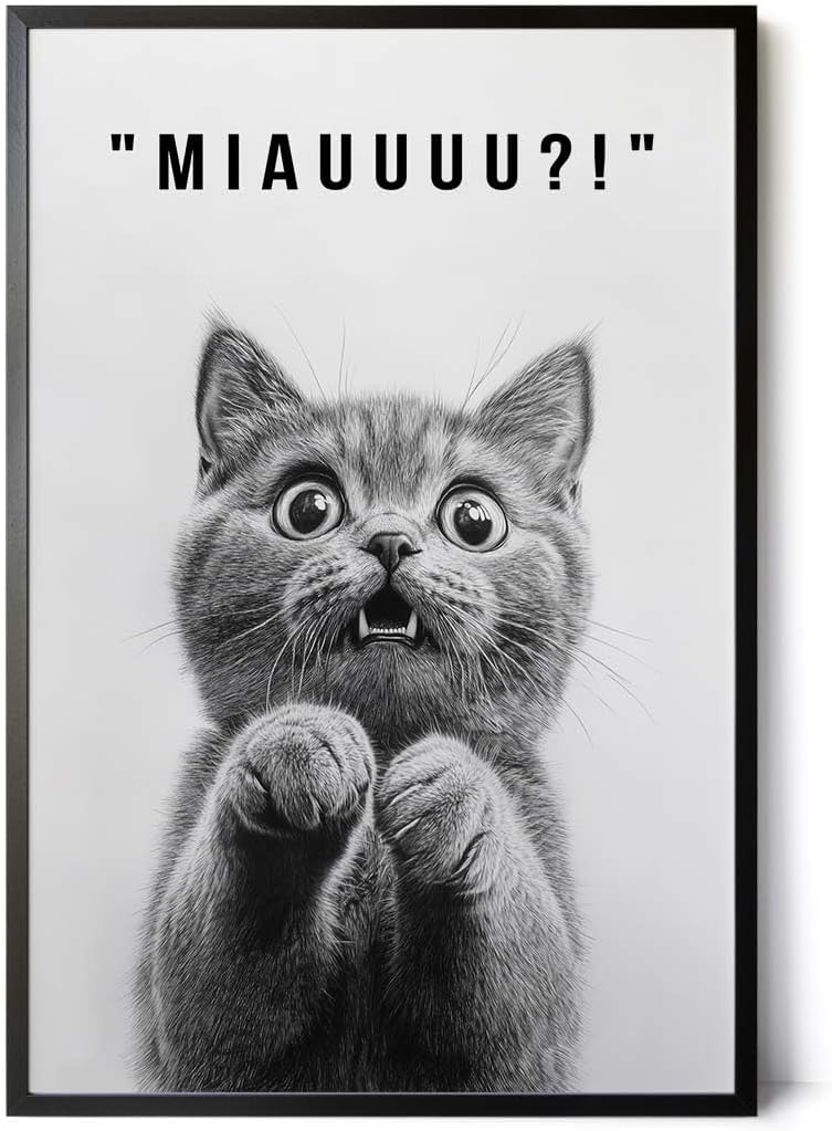 Paul Sinus Poster/Leinwandbild/Rahmenoption – Überraschtes Kätzchen „MIAUUU?!“ – Lustige WC-Deko für dein Badezimmer