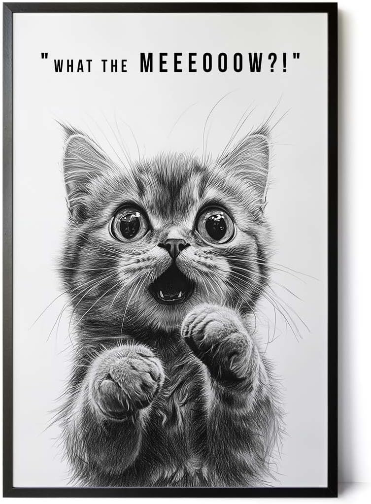 Paul Sinus Poster/Leinwandbild/Rahmenoption – Überraschtes Kätzchen „What the MEEEOOOOW?!“ – Lustige WC-Deko für dein Badezimmer