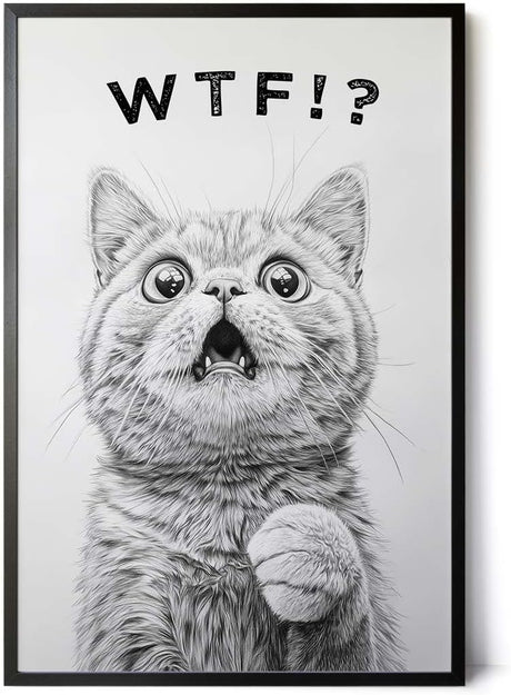 Paul Sinus Poster/Leinwandbild/Rahmenoption – Überraschtes Kätzchen „WTF!?“ – Lustige WC-Deko für dein Badezimmer