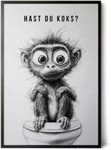 Paul Sinus Poster/Leinwandbild/Rahmenoption – Verrückter Affe auf Toilette „Hast du Koks?“ – Lustige WC-Deko für dein Badezimmer
